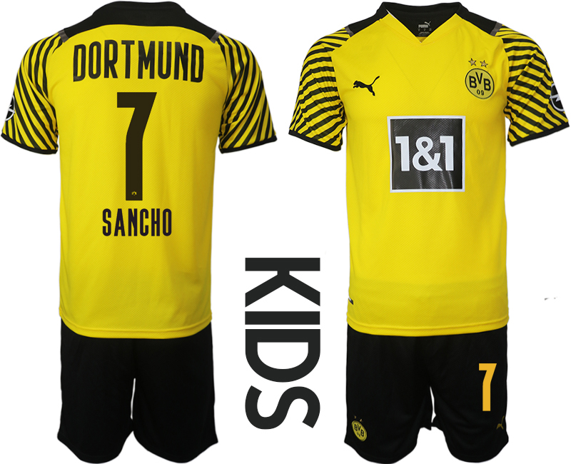 Youth 2021-2022 Club Borussia Dortmund home yellow #7 Soccer Jersey->youth soccer jersey->Youth Jersey